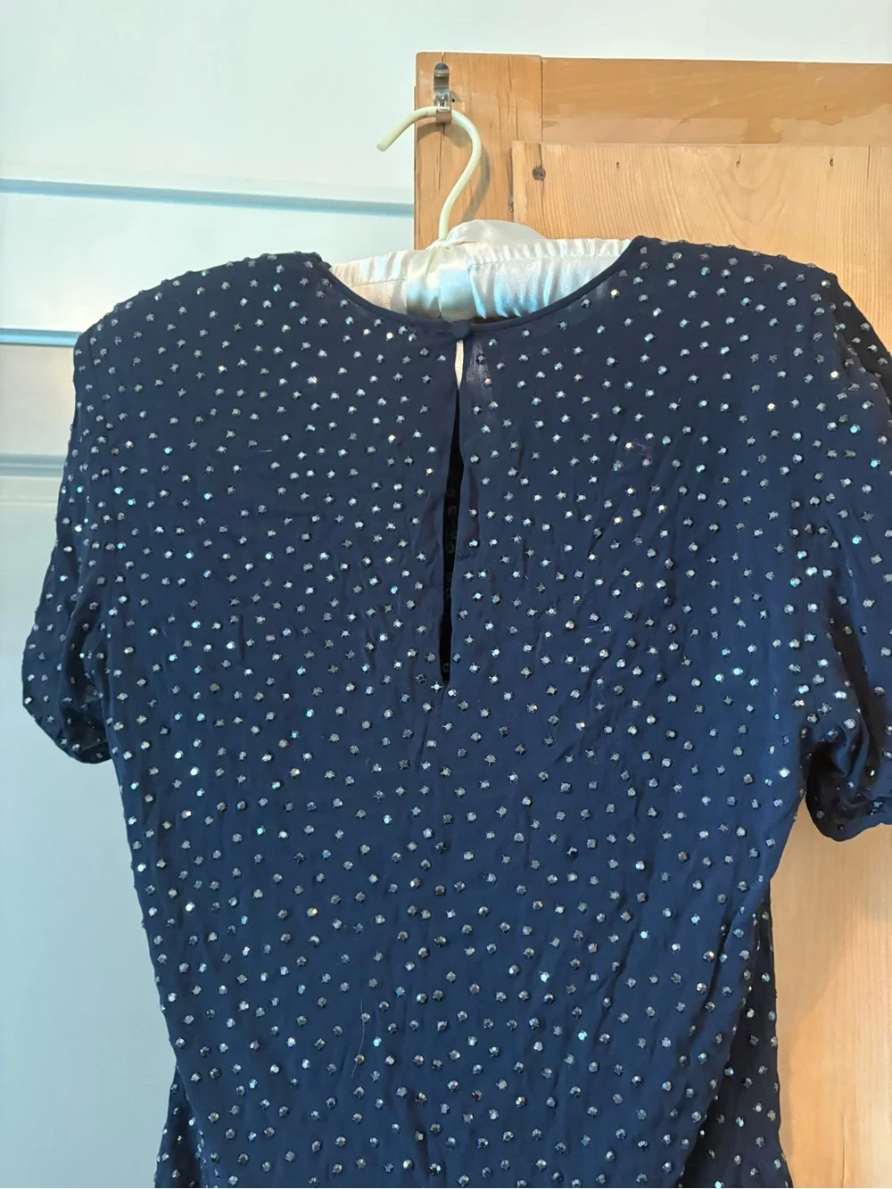 Pamela Dennis Navy Short Sleeve Sequin Dot Top